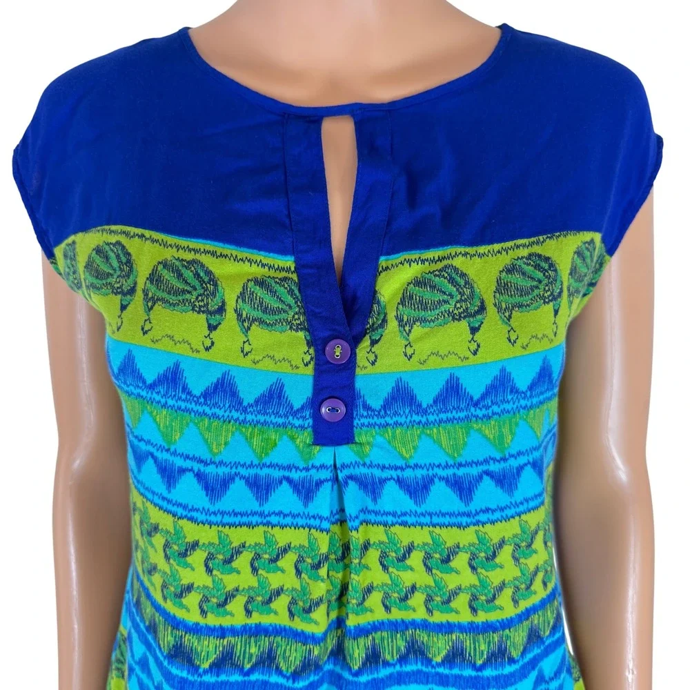 Global Desi Womens Blue Green Geometric Print Tunic‎ Top Cap Sleeve Size S